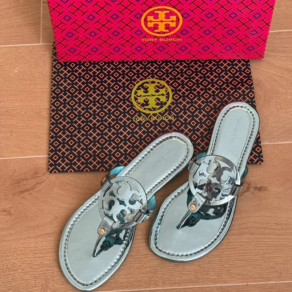 Tory Burch Miller Mirrored Metallic Sandal- Teal Color - Picture 11 of 11
